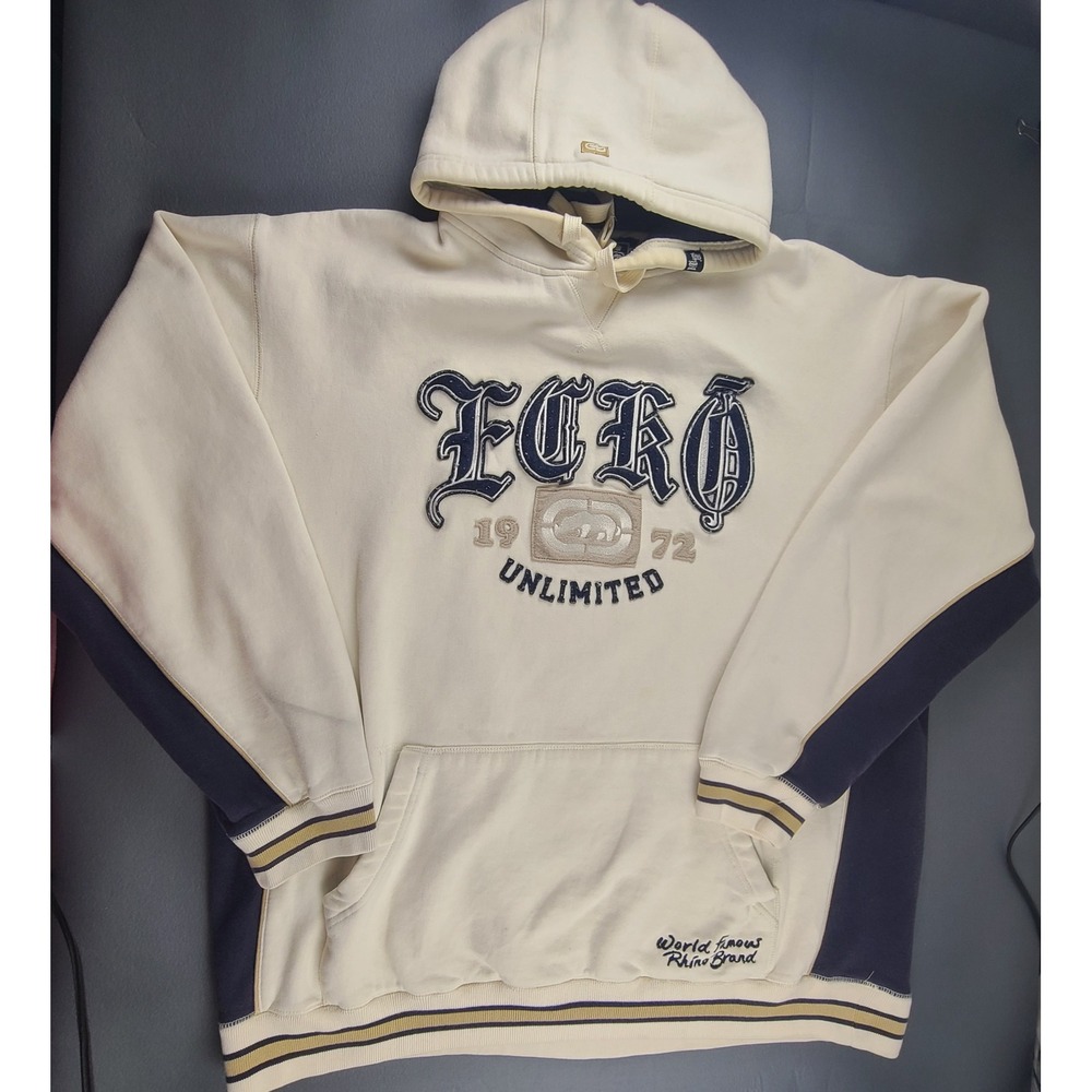 Vintage Ecko Unltd. Pullover Hoodie Men's 3XL Cream Relaxed-Fit Outerwear Y2k